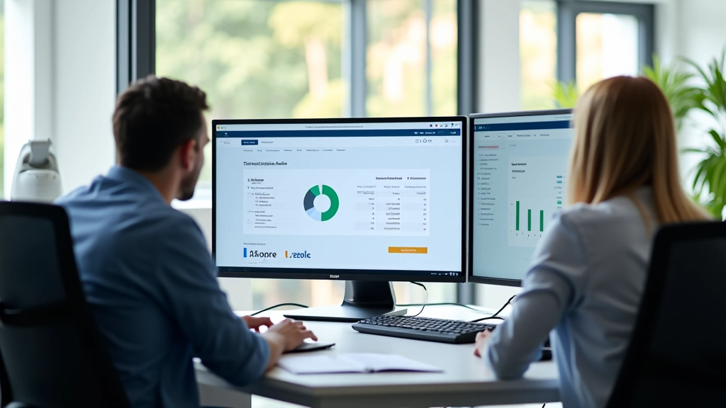 Oficina moderna con equipo de auditores trabajando en auditoría de suscripciones, pantallas con gráficos de gastos, ambiente profesional y limpio