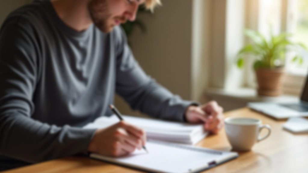 Persona escribiendo lista de suscripciones en un cuaderno con café al lado
