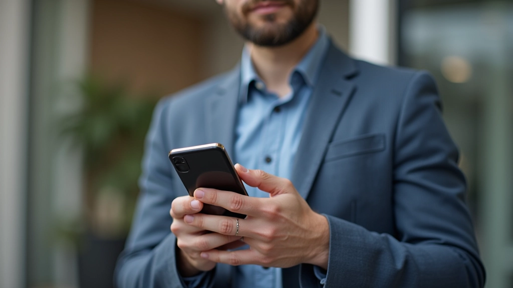 Persona sosteniendo un teléfono inteligente con una pantalla de configuración de suscripciones abierta, fondo desenfocado de escritorio moderno