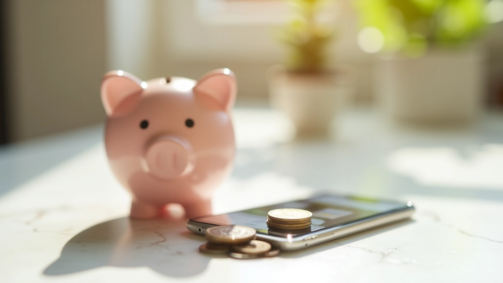 Billetera con monedas y billetes junto a aplicación de ahorro en teléfono inteligente