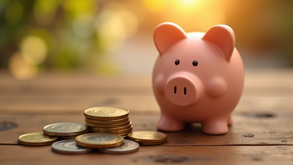 Mano depositando monedas en una alcancía de cerdo rosa sobre mesa de madera
