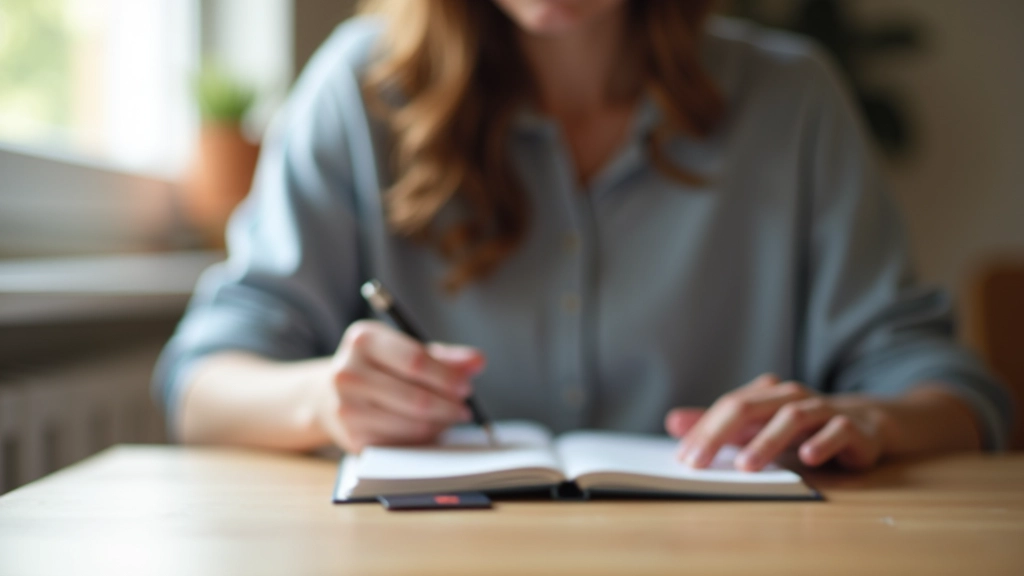 Persona escribiendo en un cuaderno una lista de suscripciones mensuales con tarjeta de crédito en la mesa